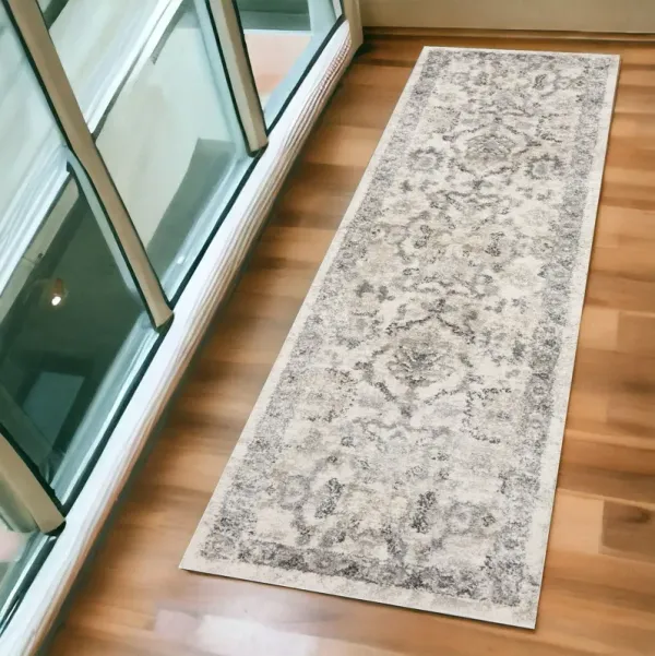 7' Runner Floral Distressed Runner Rug - Ivory