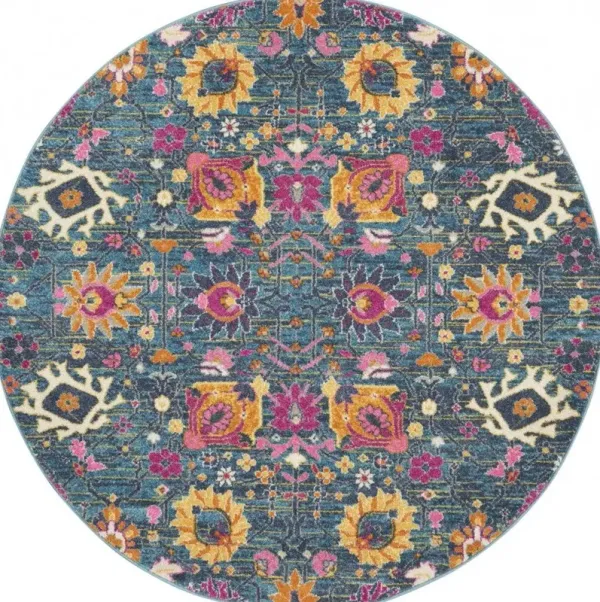 4' Round Floral Power Loom Area Rug - Blue And Orange