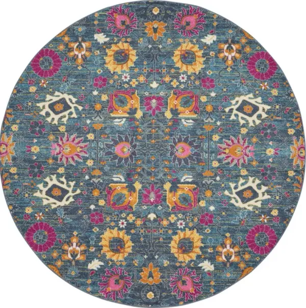 8' Round Floral Power Loom Area Rug - Blue And Orange