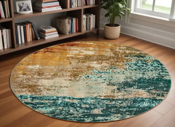 8' Round Distressed Area Rug - Blue And Red