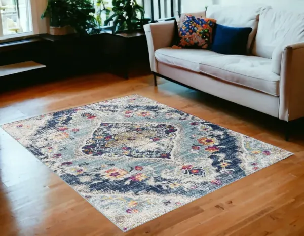 5' x 7' Medallion Area Rug - Blue And Ivory