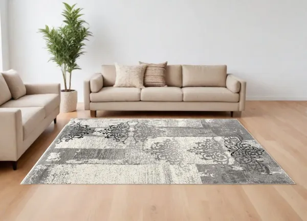 8' x 10' Damask Dhurrie Area Rug - Gray