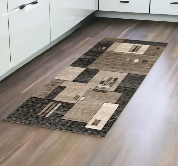 8' Abstract Power Loom Runner Rug - Brown And Black