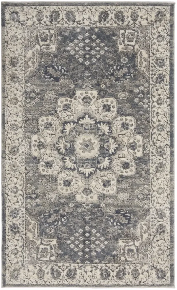 3' x 5' Oriental Power Loom Non Skid Area Rug - Gray And Ivory