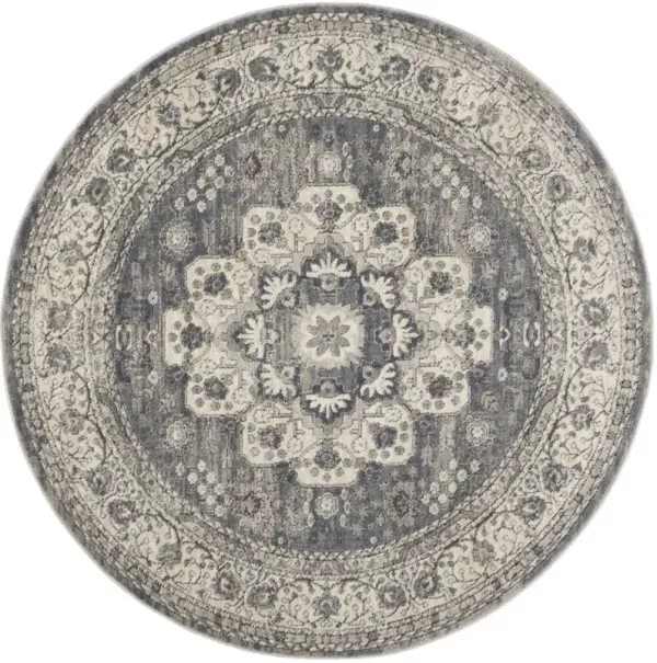 5' Round Oriental Power Loom Non Skid Area Rug - Gray And Ivory
