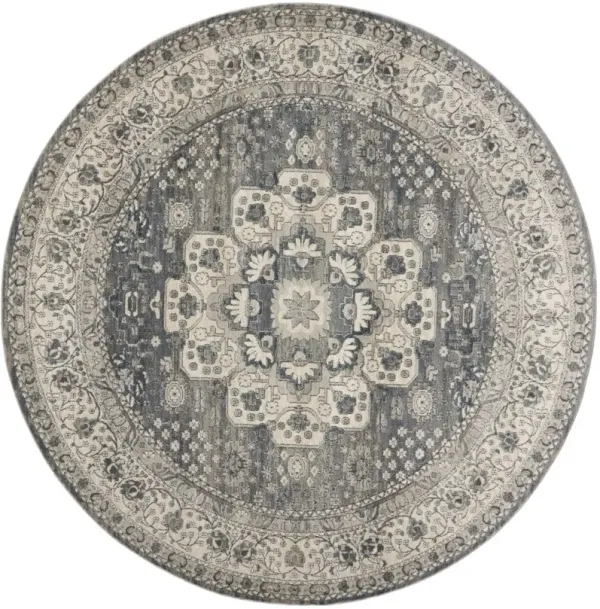 8' Round Oriental Power Loom Non Skid Area Rug - Gray And Ivory