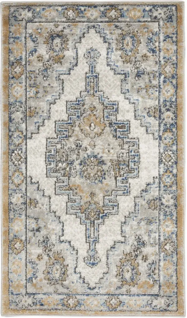 2' x 4' Blue Oriental Power Loom Non Skid Area Rug - Gray And Light