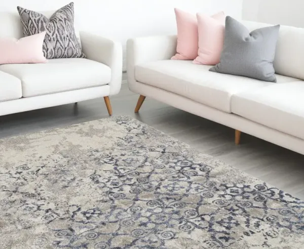 8' x 11' Oriental Distressed Area Rug - Blue And Ivory