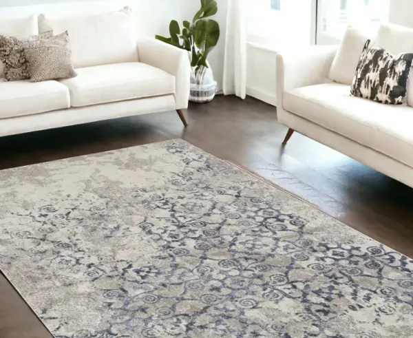 9.5' x 13.2' Oriental Distressed Area Rug - Blue And Ivory