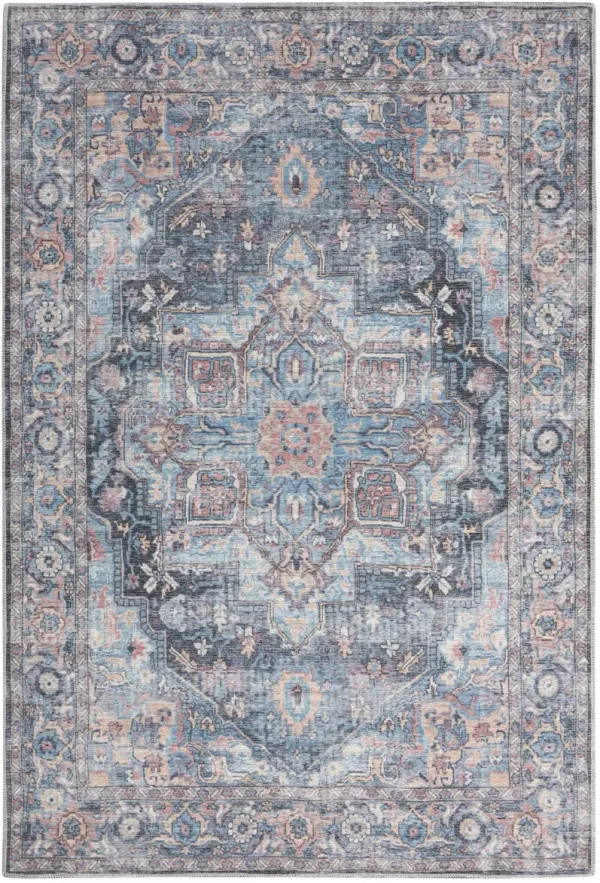 6' x 9' Medallion Distressed Washable Area Rug - Light Blue And Orange