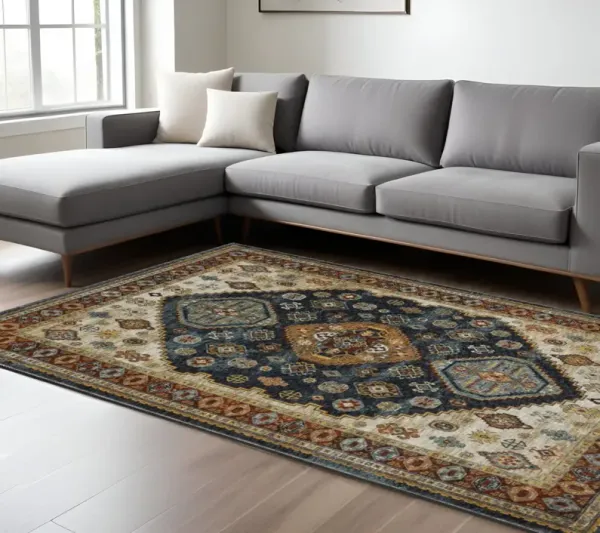 6.6' x 9.7' Oriental Power Loom Area Rug - Blue And Beige