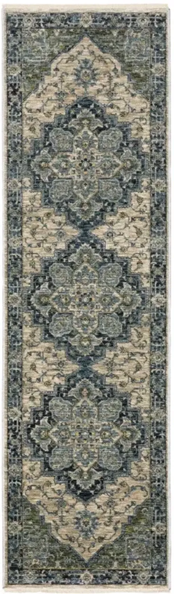 2.2' x 7.7' Oriental Power Loom Runner Rug With Fringe - Beige And Blue