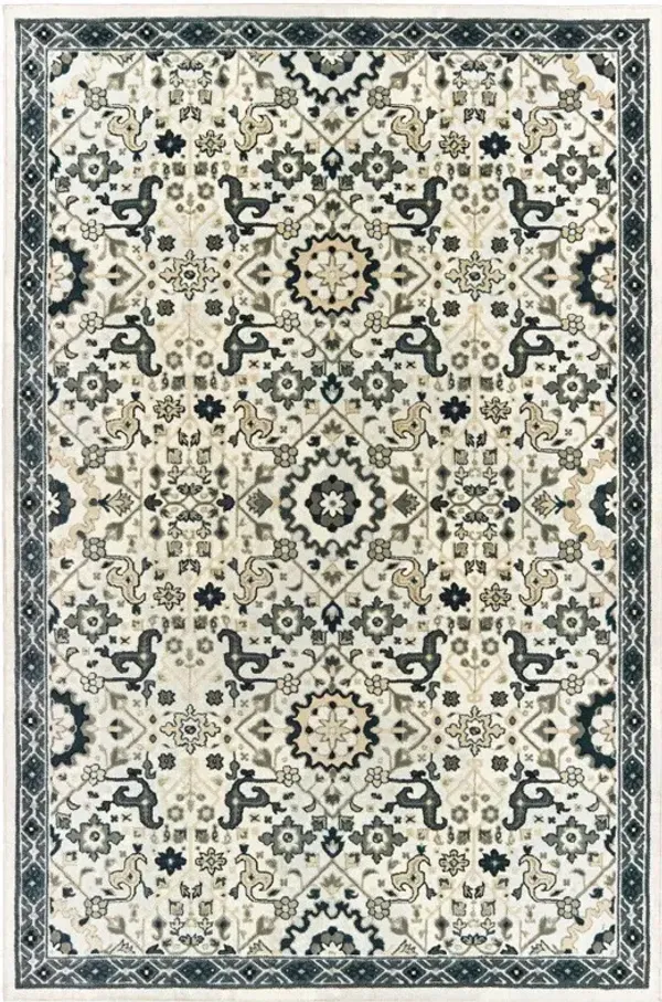 5' x 8' Oriental Power Loom Stain Resistant Area Rug - Ivory Navy And Gold