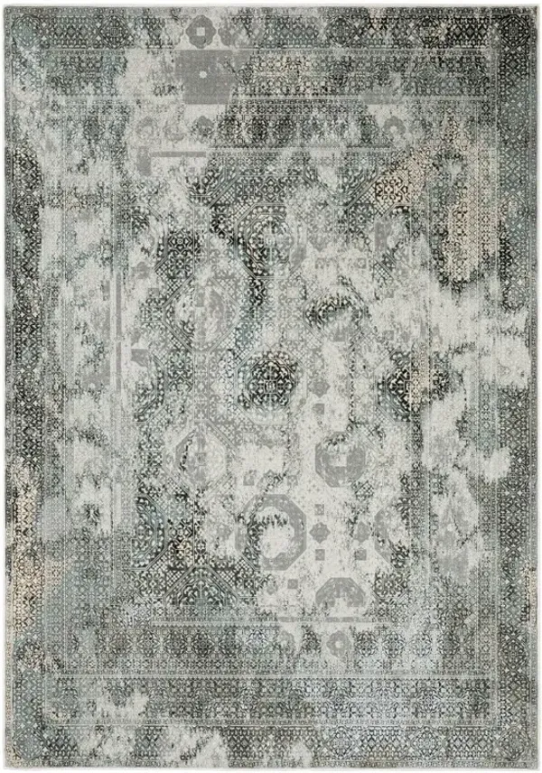 10' x 13' Oriental Power Loom Stain Resistant Area Rug - Ivory Gray Charcoal Blue And Rust