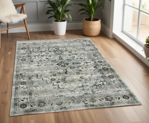 4' x 6' Oriental Power Loom Stain Resistant Area Rug - Ivory Gray Charcoal Blue And Taupe