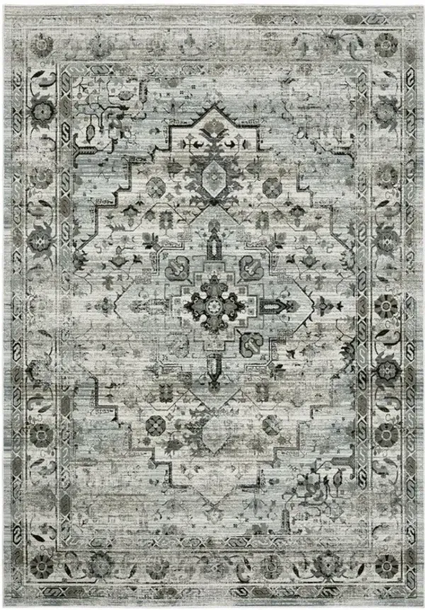 8' x 11' Oriental Power Loom Stain Resistant Area Rug - Ivory Gray Charcoal Blue And Taupe