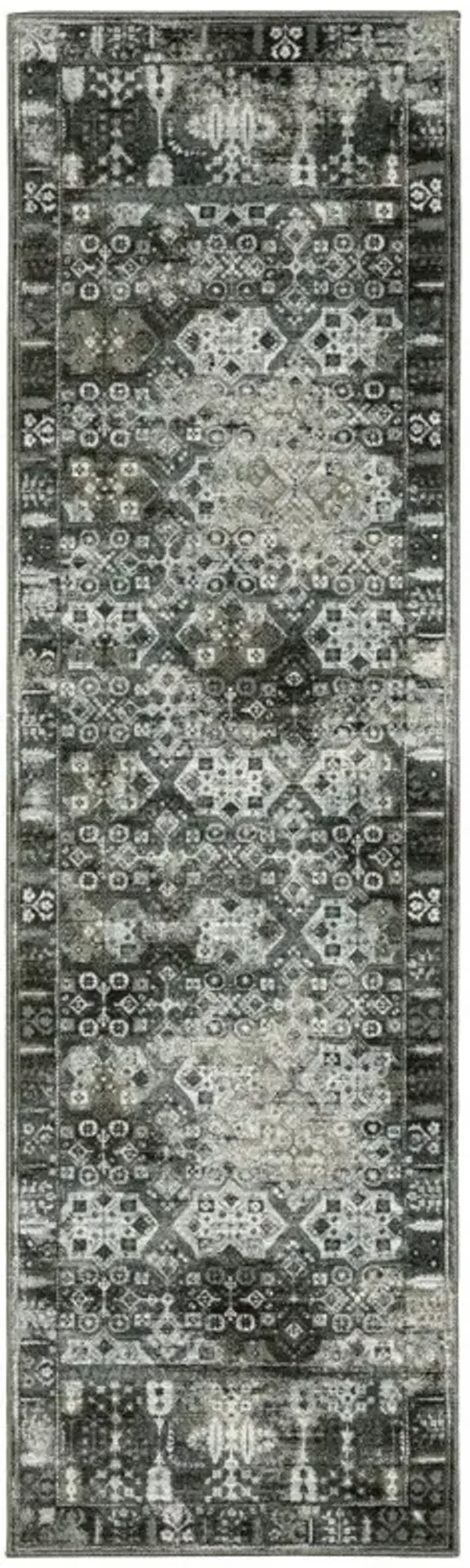2' x 8' Oriental Power Loom Stain Resistant Runner Rug - Charcoal Gray Blue Ivory And Taupe