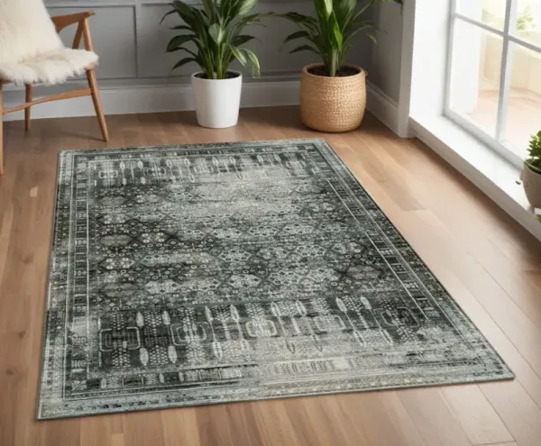 4' x 6' Oriental Power Loom Stain Resistant Area Rug - Charcoal Gray Blue Ivory And Taupe