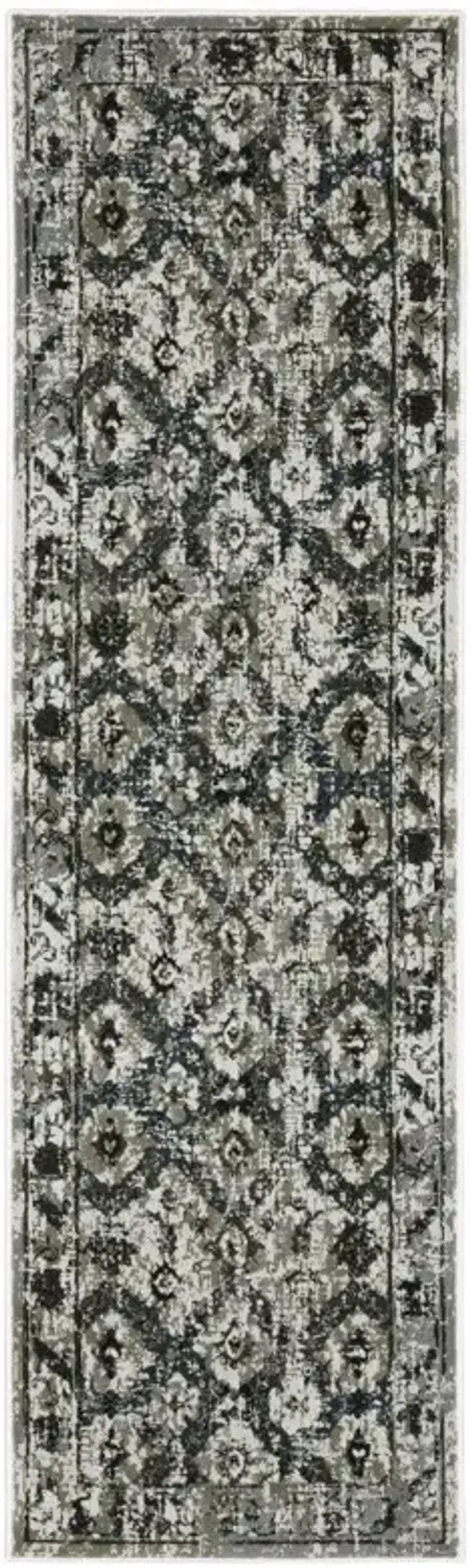 2.2' x 7.6' Oriental Power Loom Stain Resistant Runner Rug - Ivory Charcoal Grey Blue Rust Gold And Brown