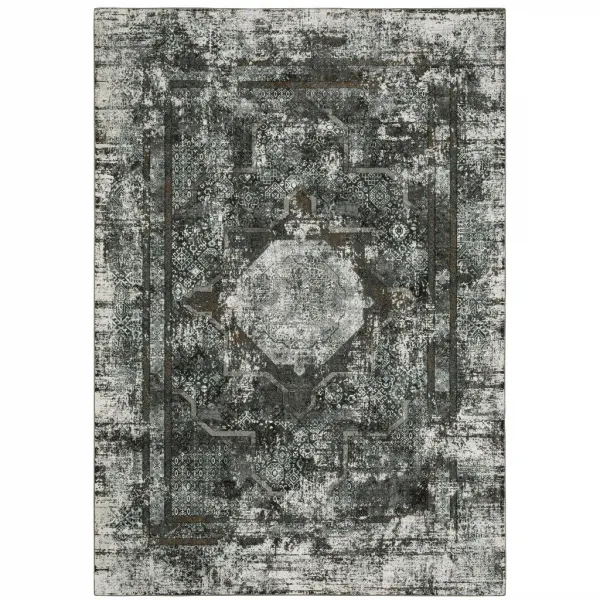 10' x 13' Oriental Power Loom Stain Resistant Area Rug - Charcoal Rust Gray Blue Ivory And Brown