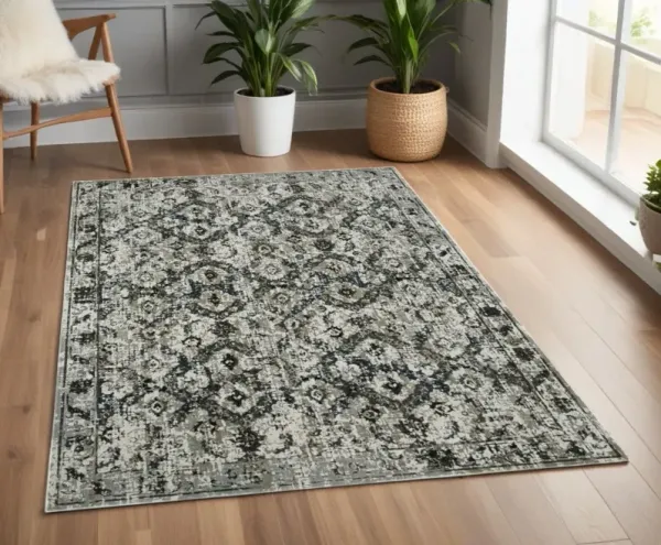 4' x 6' Oriental Power Loom Stain Resistant Area Rug - Ivory Charcoal Gray Blue Rust Gold And Brown