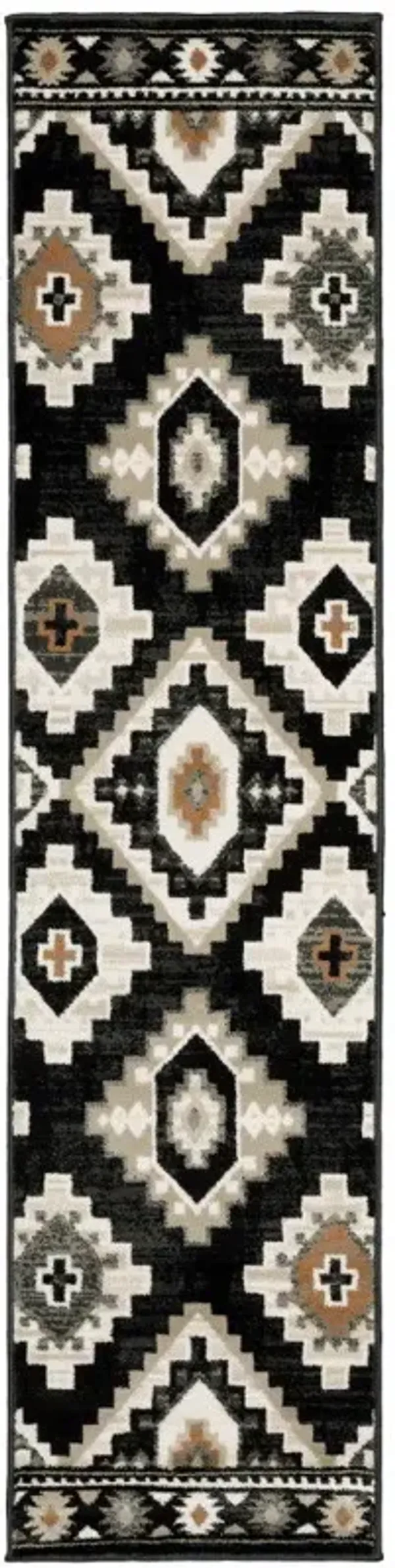 2' x 8' Southwestern Power Loom Stain Resistant Runner Rug - Black Gray Tan Orange And Ivory