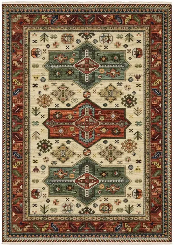 10' x 13' Oriental Power Loom Stain Resistant Area Rug With Fringe - Brick Red Orange Rust Beige Gold Pale Blue Olive Navy And Black