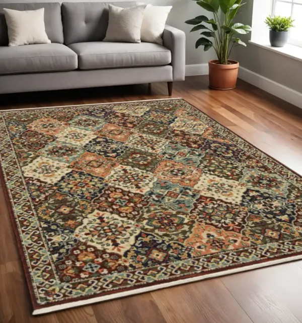 5' x 8' Oriental Power Loom Stain Resistant Area Rug With Fringe - Red Rust Navy Light Blue Brown Orange Ivory And Gold