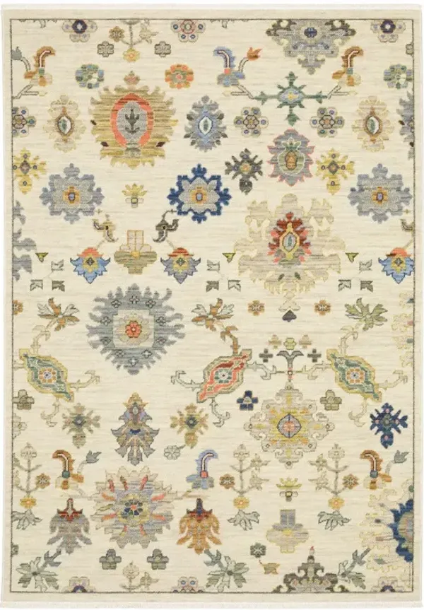 8' x 11' Oriental Power Loom Stain Resistant Area Rug With Fringe - Ivory Beige Gold Gray Blue Pink Red Rust And Green