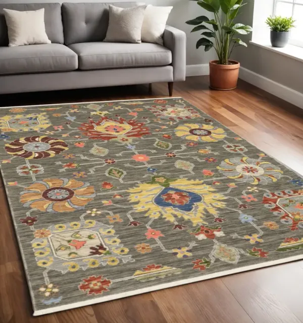 5' x 8' Oriental Power Loom Stain Resistant Area Rug With Fringe - Gray Charcoal Yellow Blue Rust Red Pink Green And Ivory