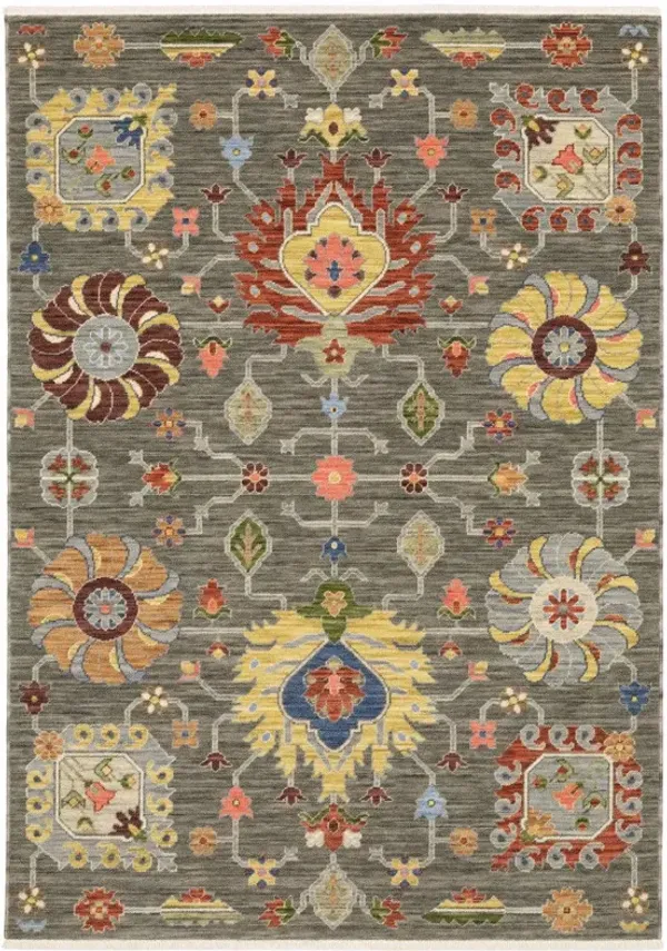 8' x 11' Oriental Power Loom Stain Resistant Area Rug With Fringe - Gray Charcoal Yellow Blue Rust Red Pink Green And Ivory
