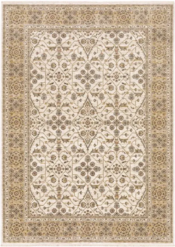 5' x 8' Oriental Power Loom Stain Resistant Polyester Area Rug With Fringe - Ivory And Gold