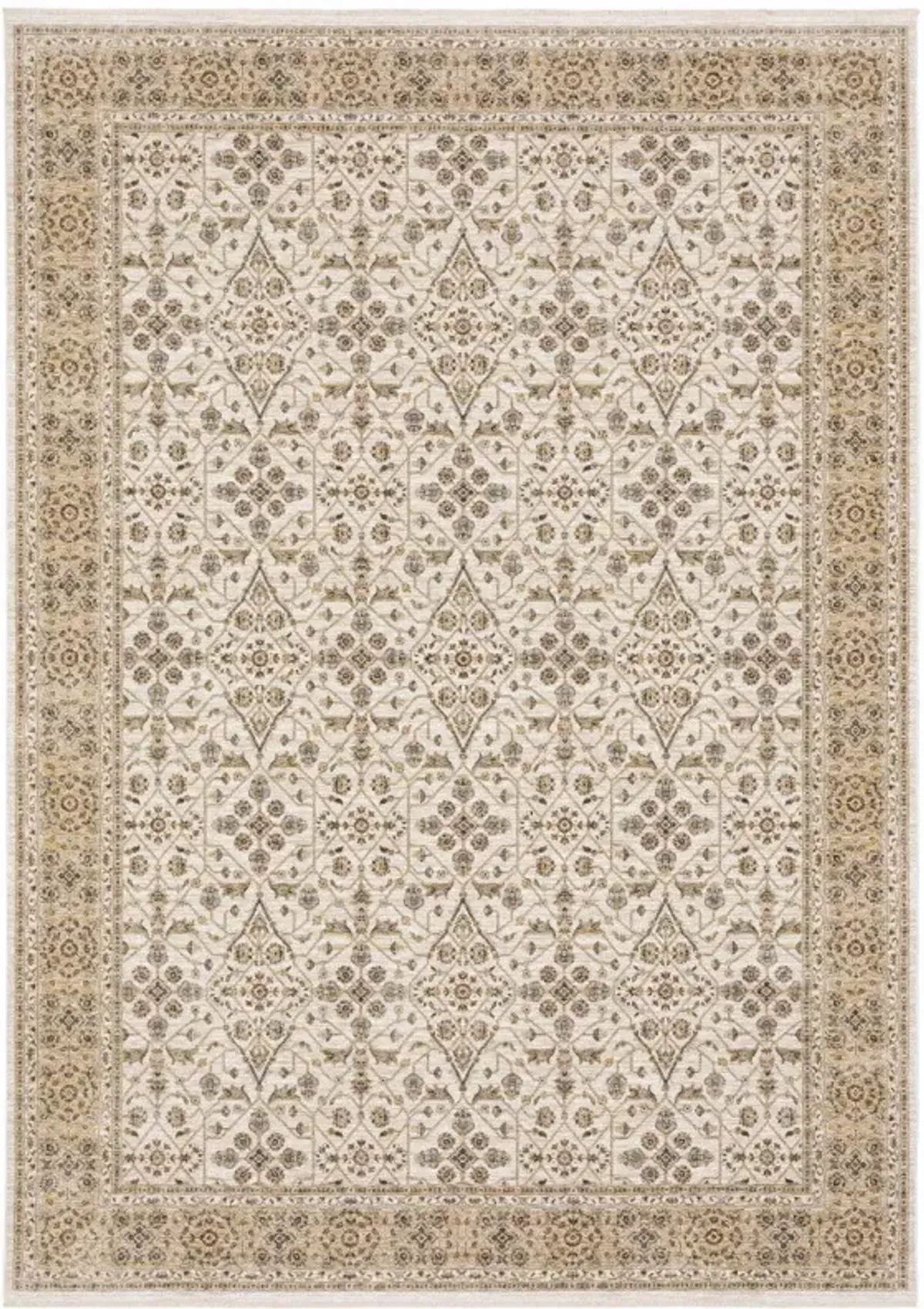 8' x 11' Oriental Power Loom Stain Resistant Polyester Area Rug With Fringe - Ivory And Gold