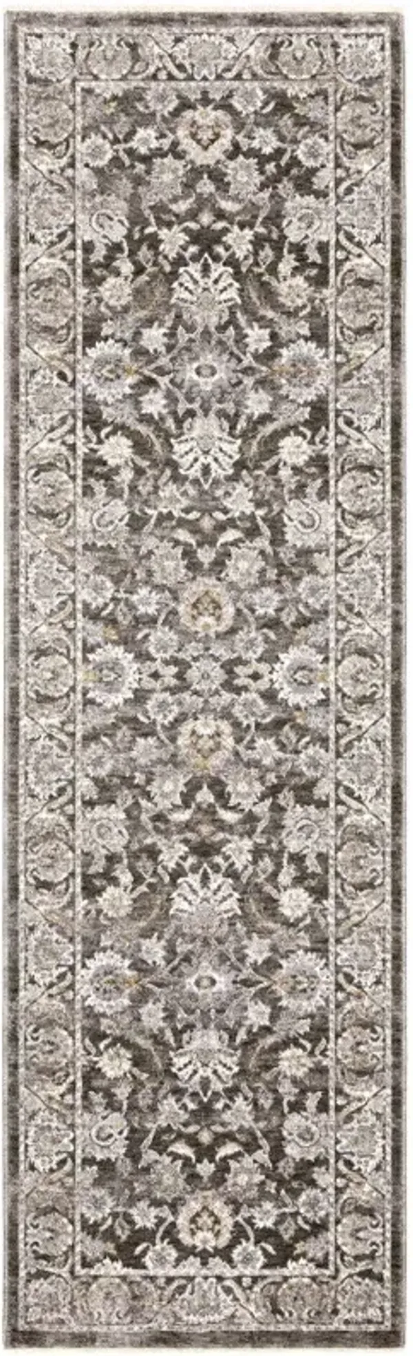 2' x 8' Oriental Power Loom Stain Resistant Runner Rug With Fringe - Gray And Ivory