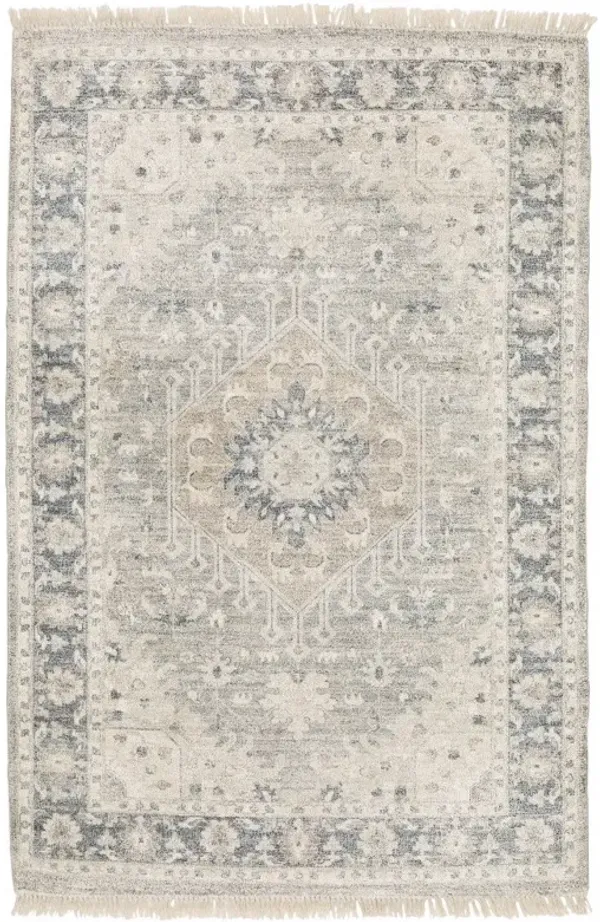 5' x 8' Oriental Hand Loomed Stain Resistant Area Rug With Fringe - Beige And Grey