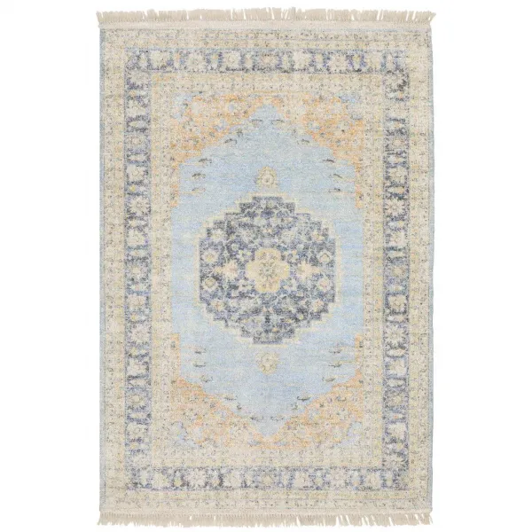 10' x 13' Oriental Hand Loomed Stain Resistant Area Rug With Fringe - Blue And Beige