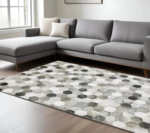 8' x 10' Geometric Power Loom Stain Resistant Area Rug - Gray Charcoal Brown Tan And Ivory