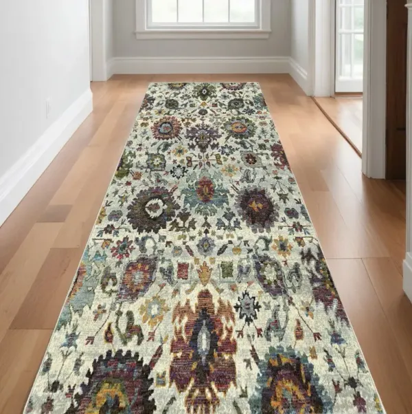12' Runner Oriental Power Loom Runner Rug - Green And Ivory