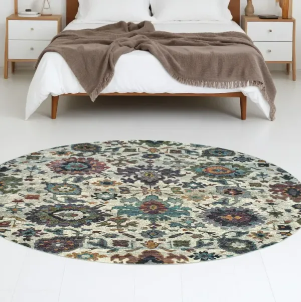 8' Round Oriental Power Loom Area Rug - Purple And Gray