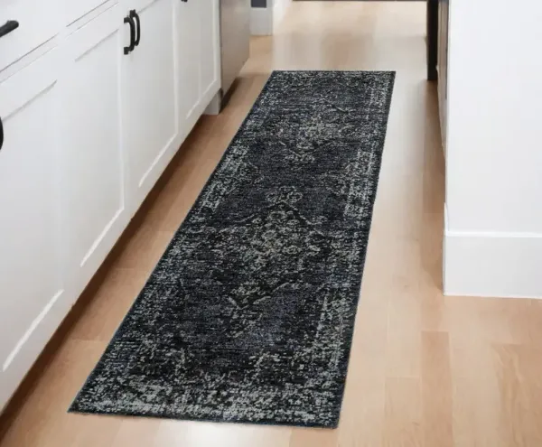 8' Runner Oriental Power Loom Runner Rug - Blue And Ivory