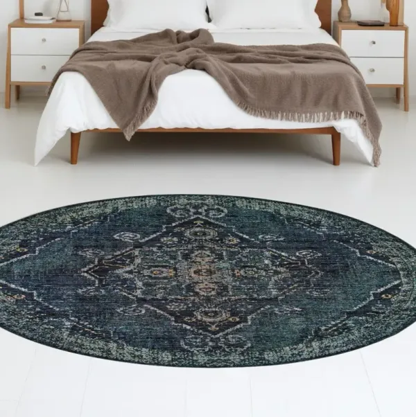 8' Round Oriental Power Loom Area Rug - Blue And Black