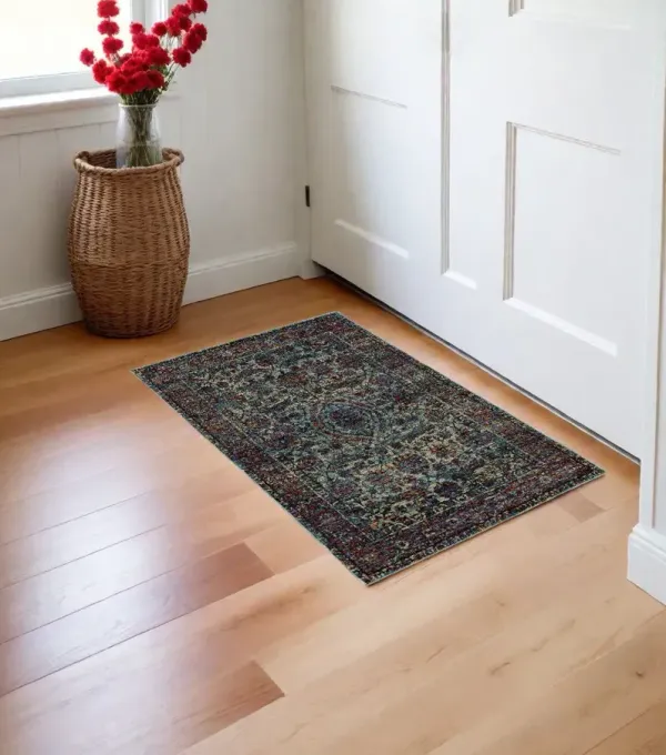 2' x 3' Oriental Power Loom Area Rug - Blue And Purple