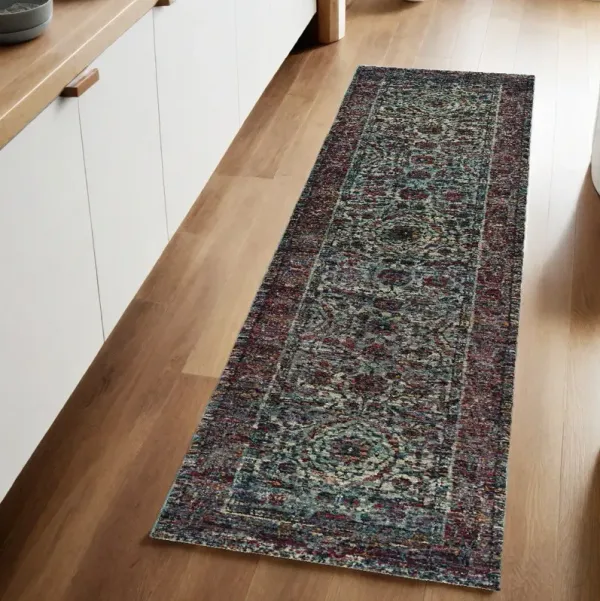 8' Runner Oriental Power Loom Runner Rug - Blue And Purple