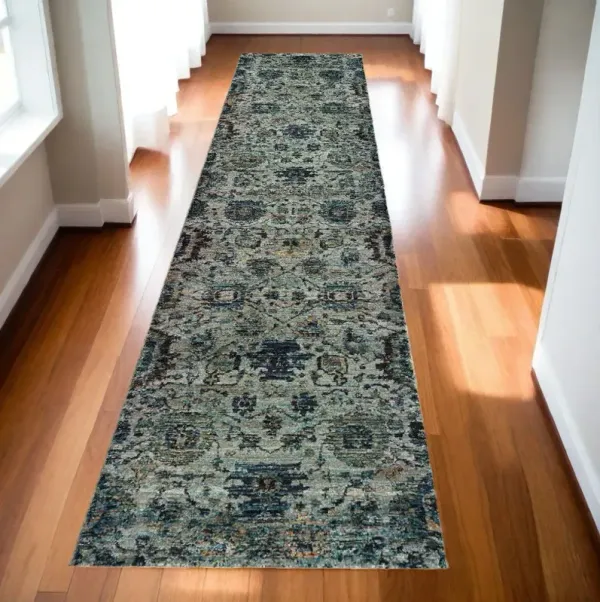 12' Runner Oriental Power Loom Runner Rug - Blue And Navy
