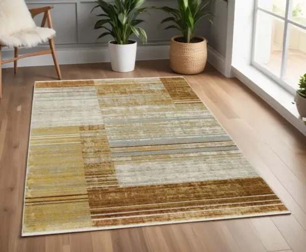 4' x 6' Geometric Power Loom Stain Resistant Area Rug With Fringe - Rust Gold Blue Gray Ivory And Tan