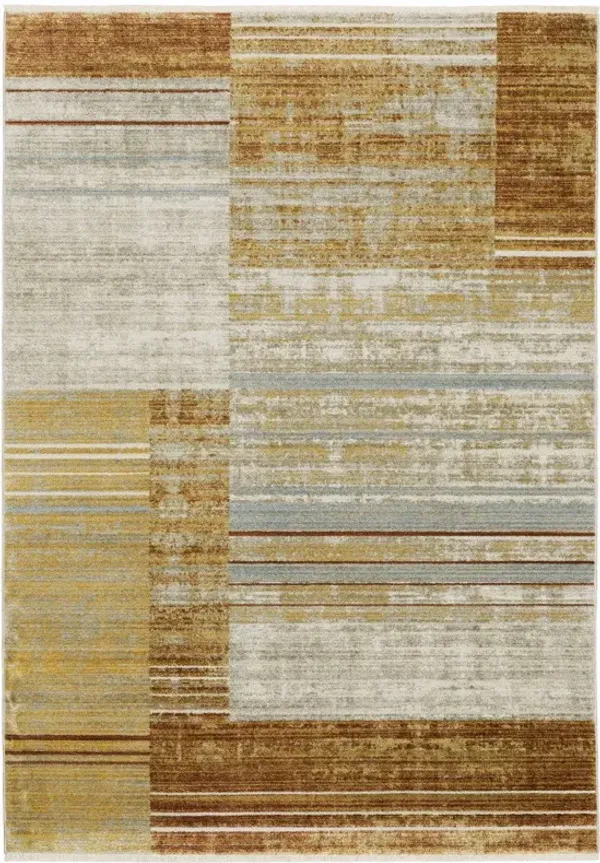 5' x 8' Geometric Power Loom Stain Resistant Area Rug With Fringe - Rust Gold Blue Gray Ivory And Tan