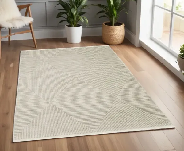 4' x 6' Geometric Power Loom Stain Resistant Area Rug With Fringe - Ivory Beige Taupe And Tan
