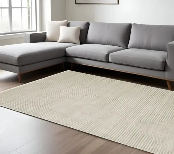 10' x 13' Geometric Power Loom Stain Resistant Area Rug With Fringe - Ivory Beige Taupe And Tan