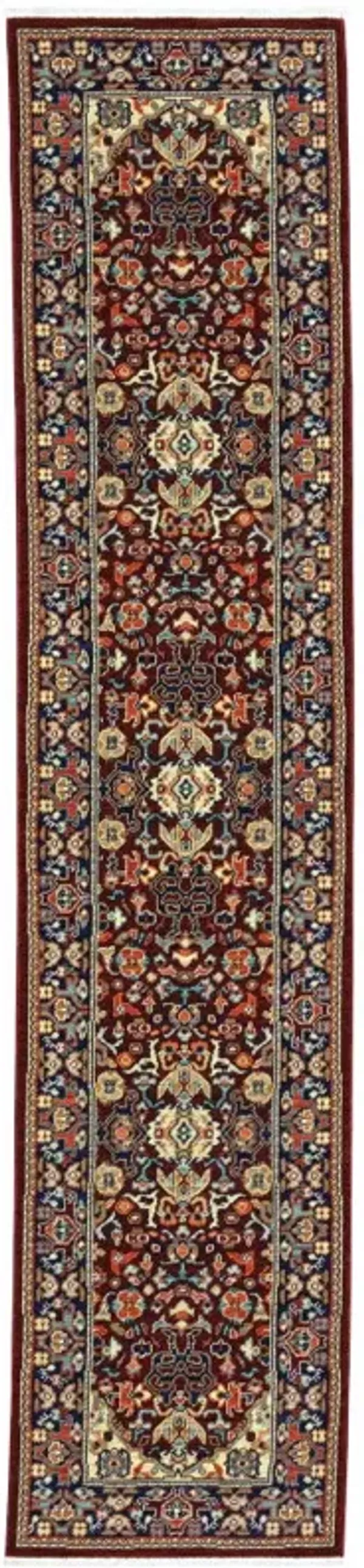 2.6' x 12.1' Oriental Power Loom Runner Rug With Fringe - Blue And Red