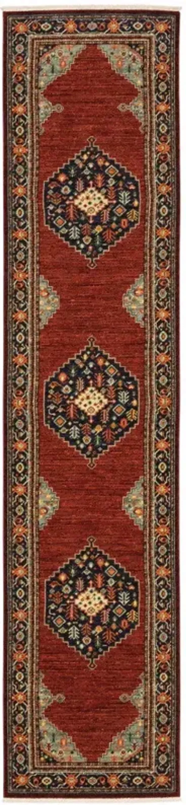 2.6' x 12.1' Oriental Power Loom Runner Rug With Fringe - Red And Ivory